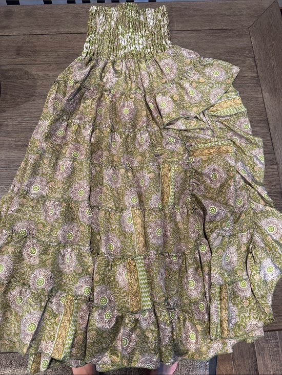 Dresses & Skirts - Smocked Waist Tiered Maxi Skirt in Olive & Cream 100% Silk